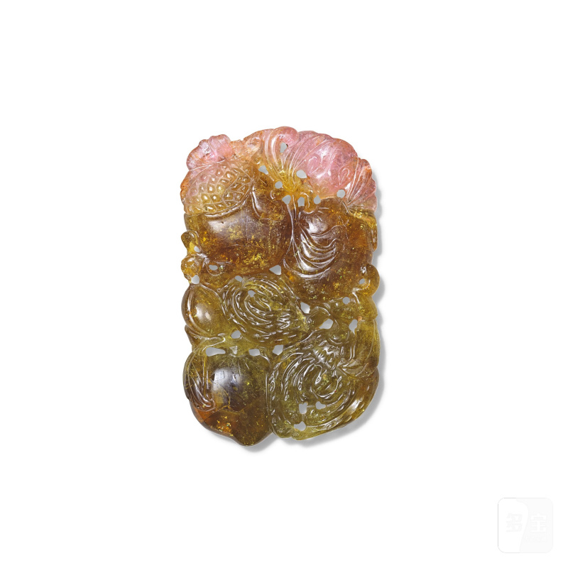 十九世紀 碧璽雕三多紋牌 | A PALE PINK AND GREEN TOURMALINE 'SANDUO' PENDANT - 图2